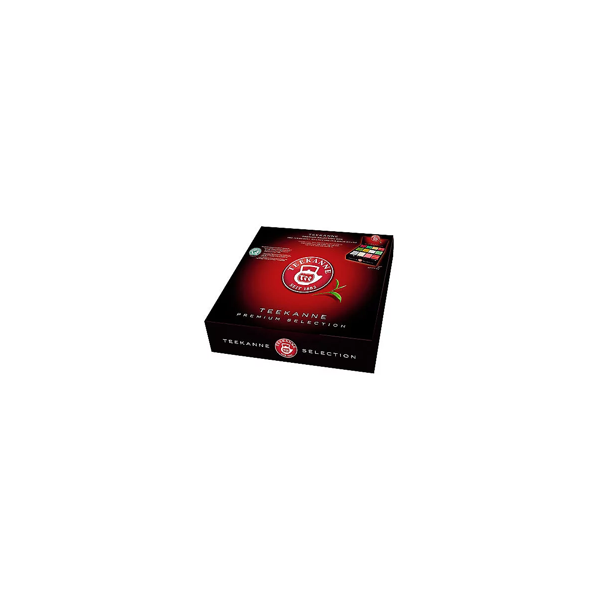 Teekanne-Premium-Selektionsbox in Schwarz und Rot mit Schriftzügen und Logo. Eine kleine Teekartenauswahl ist zu sehen.