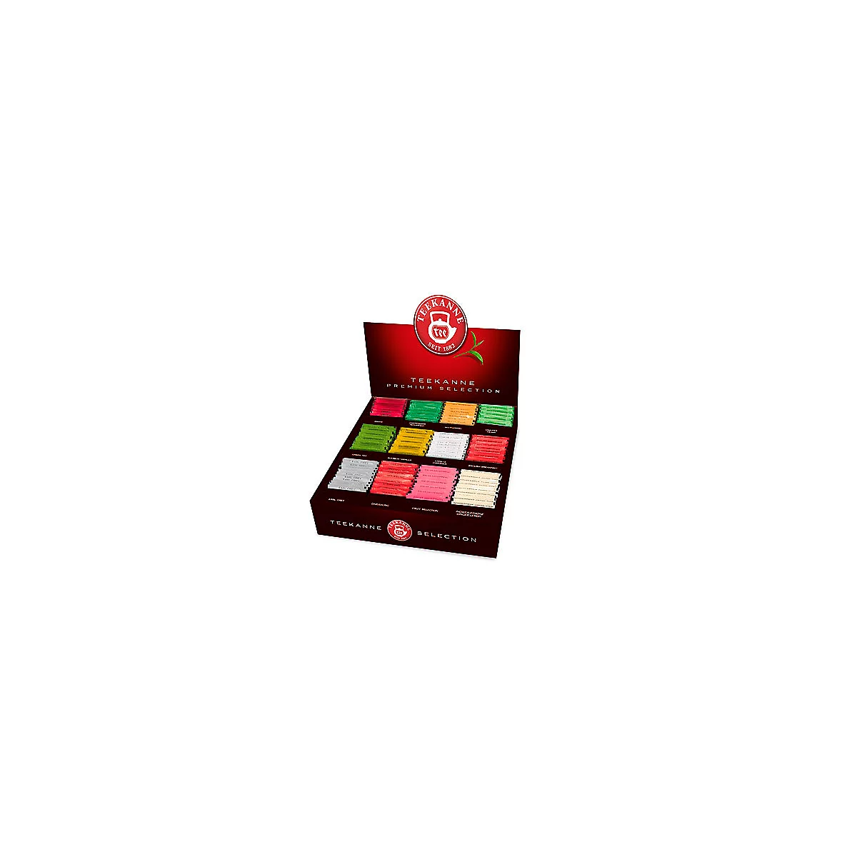 Offene Teebox mit farbigen Teebeuteln. Aufschrift: Teekanne Premium Selection.