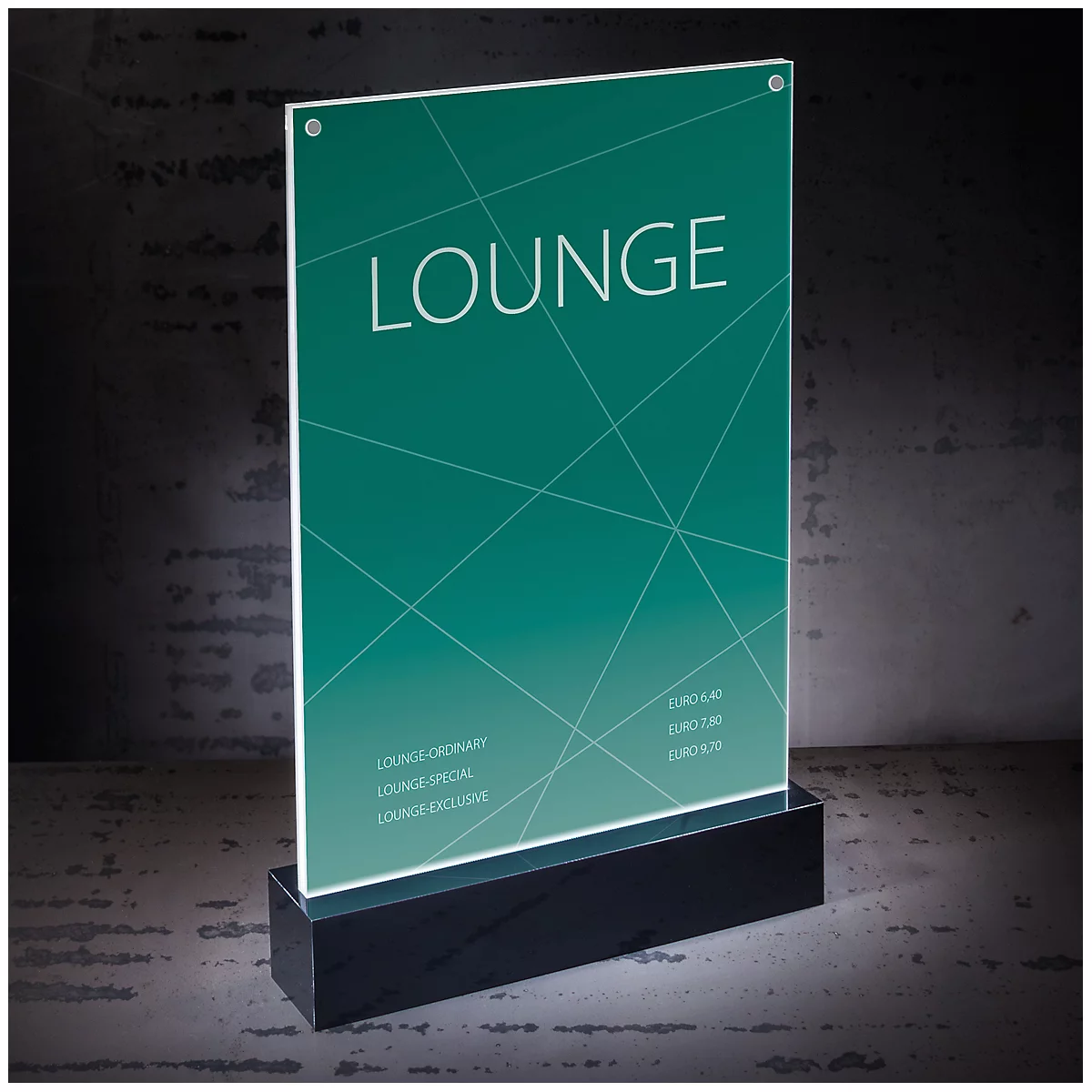 Illuminated sign with “LOUNGE” text, on a black base against a gray background.