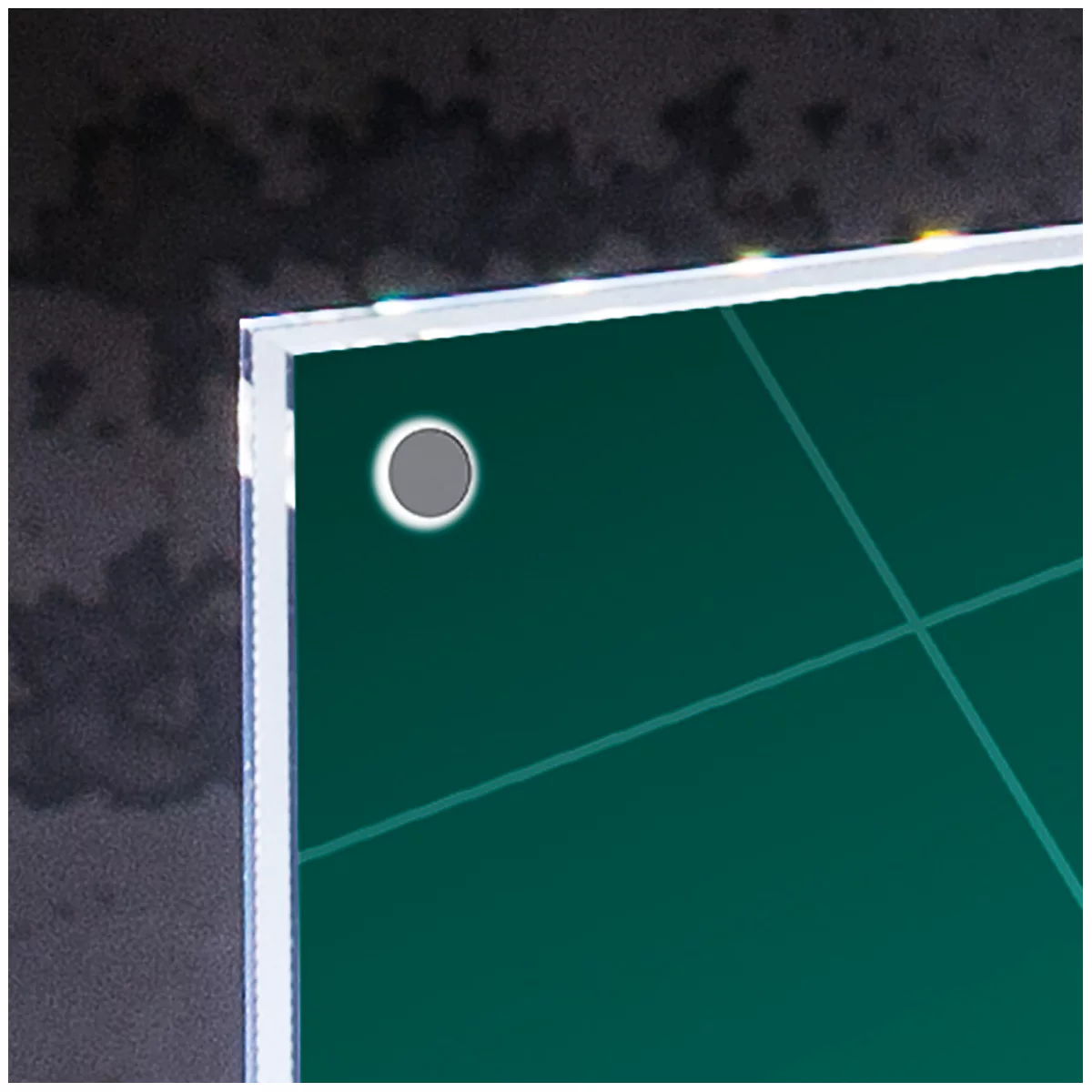 Close-up of a gray circle with a white border on a green surface, surrounded by a white frame and a dark background.