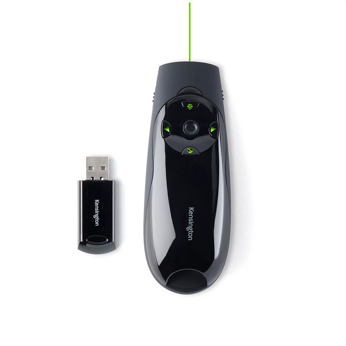 Pointeur laser de présentation noir et récepteur USB. Faisceau laser vert. Inscription : Kensington.