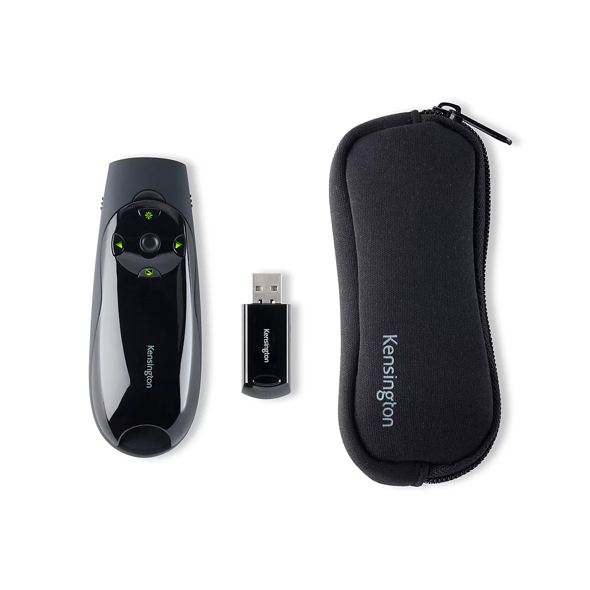 Présentateur Kensington noir, récepteur USB et étui sur fond blanc.