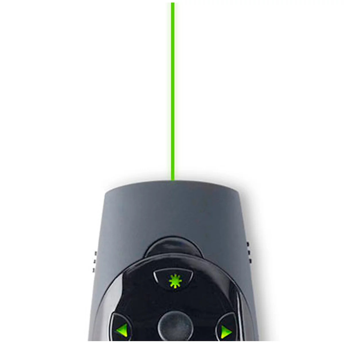 Un pointeur laser gris avec une ligne laser verte pointant vers le haut. Boutons et lumières vertes visibles.