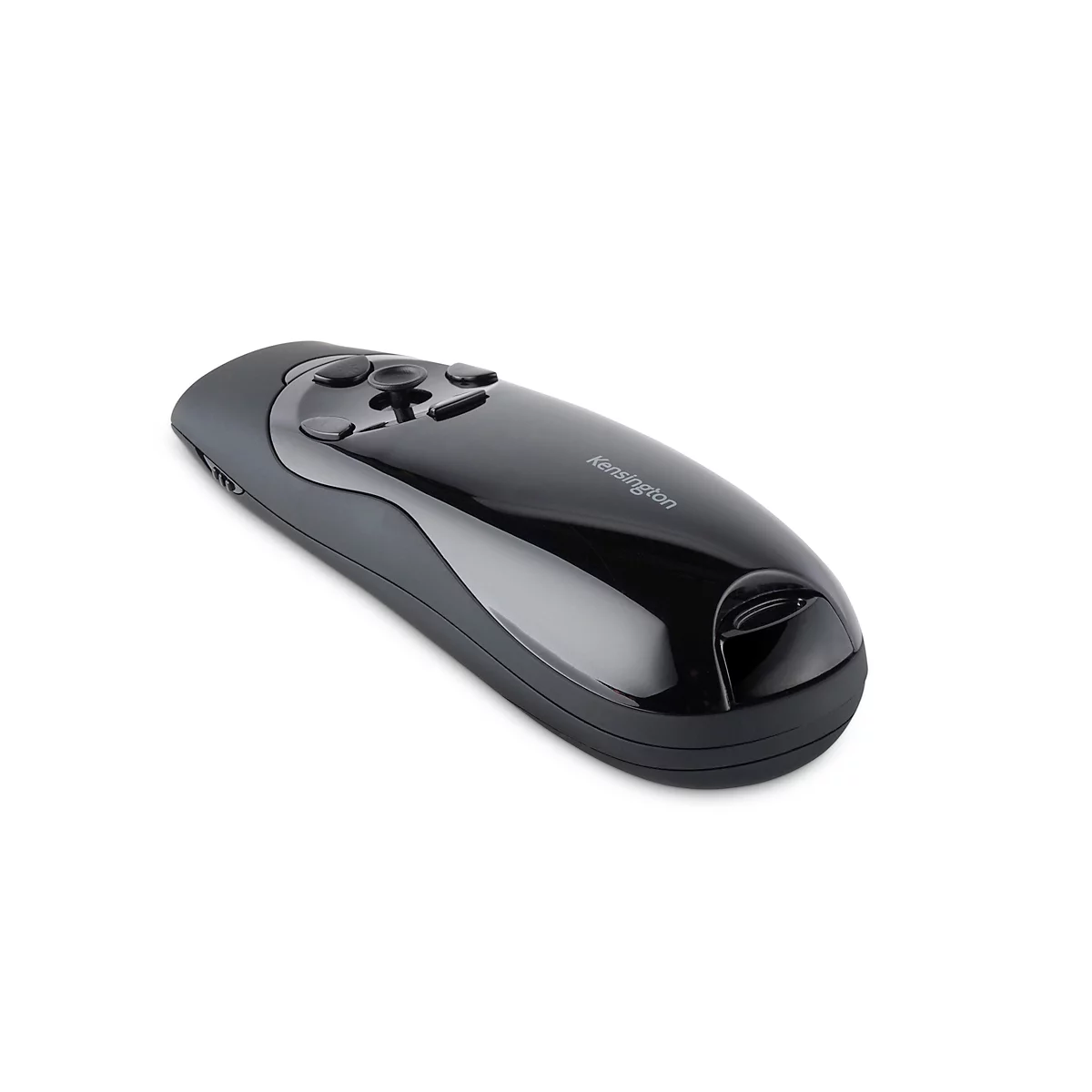 Télécommande de présentation noire Kensington. Boutons sur le dessus, logo visible.