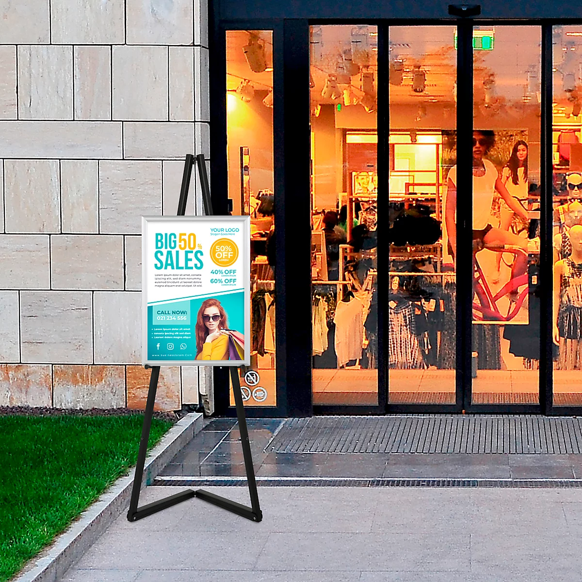 Presentatie ezel - aluminium - B 536 x D 309 x H 1500 mm - inklapbare poten- zwart
