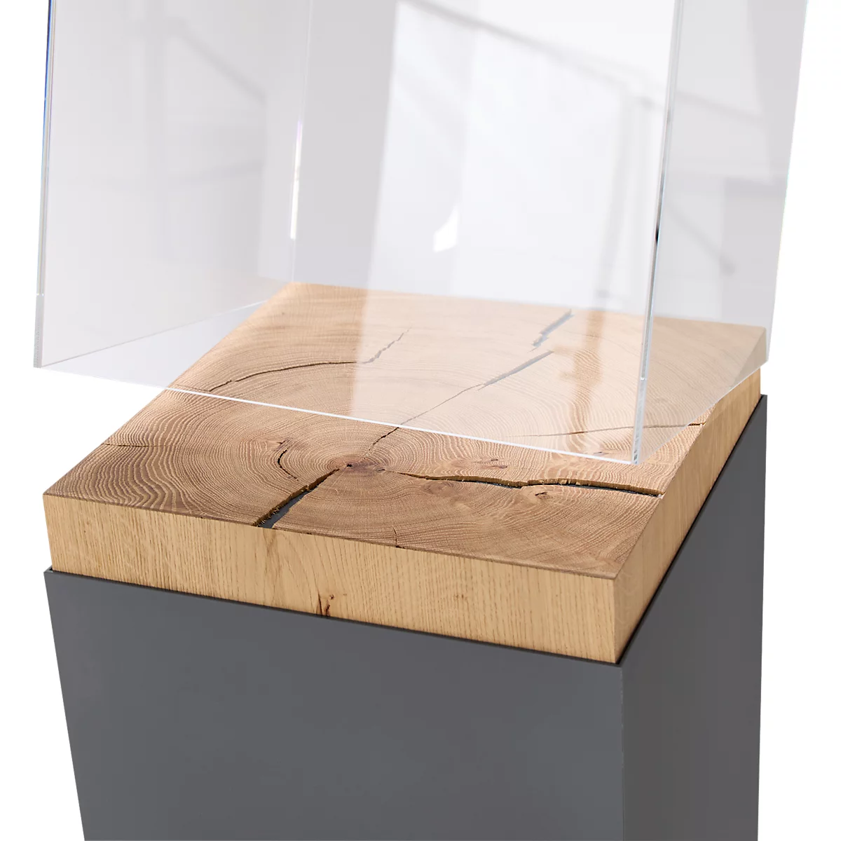 Presentatiezuil, 1 legbord, tot 30 kg, D 350 x H 1190 mm, eiken kopshout/Plexiglas, grijs mat