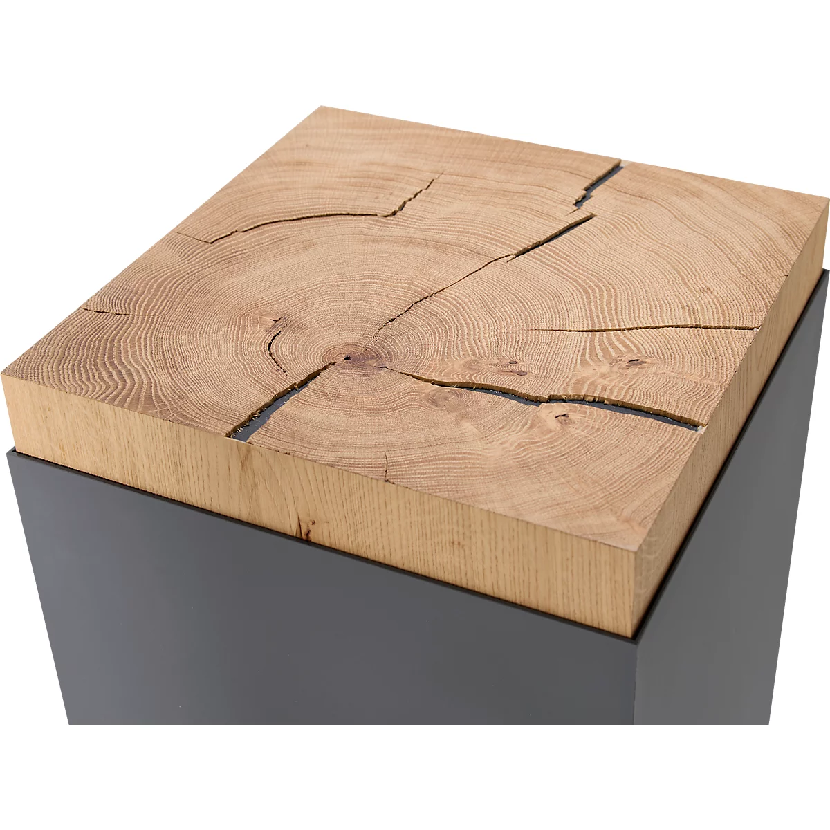 Presentatiezuil, 1 legbord, tot 30 kg, D 350 x H 1190 mm, eiken kopshout/Plexiglas, grijs mat