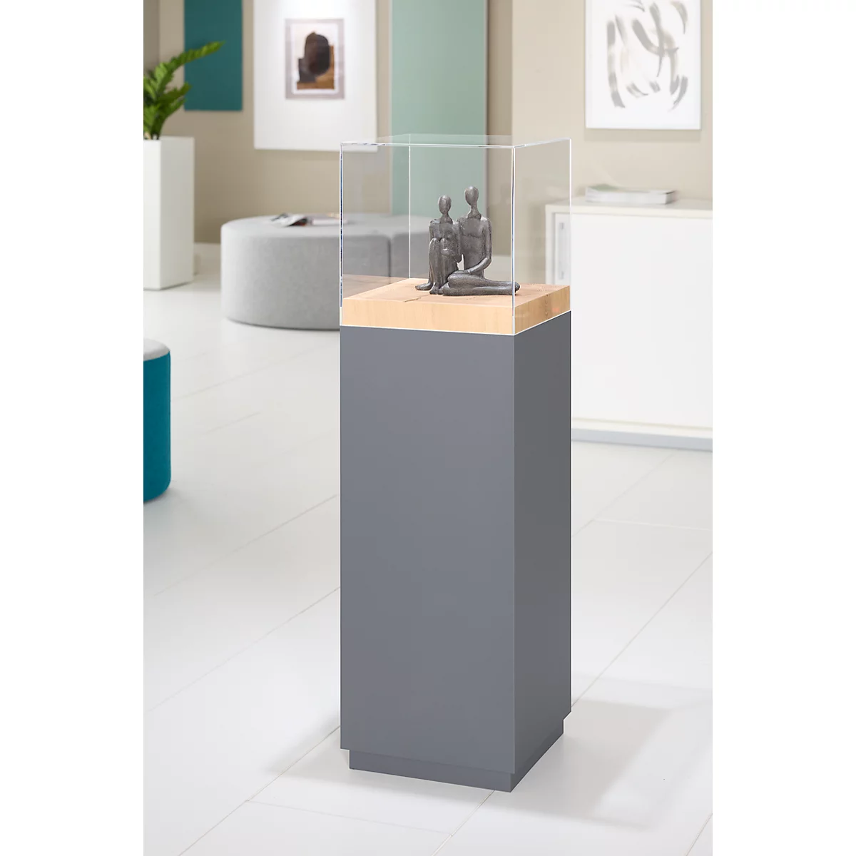 Presentatiezuil, 1 legbord, tot 30 kg, D 350 x H 1190 mm, eiken kopshout/Plexiglas, grijs mat