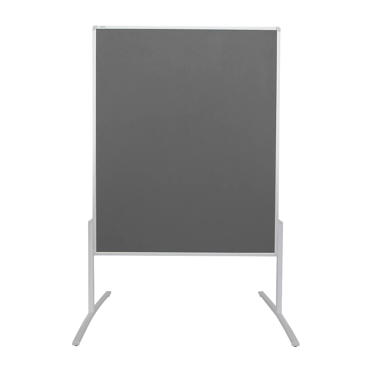 Gray pinboard with white frame and stand in front of a white background.