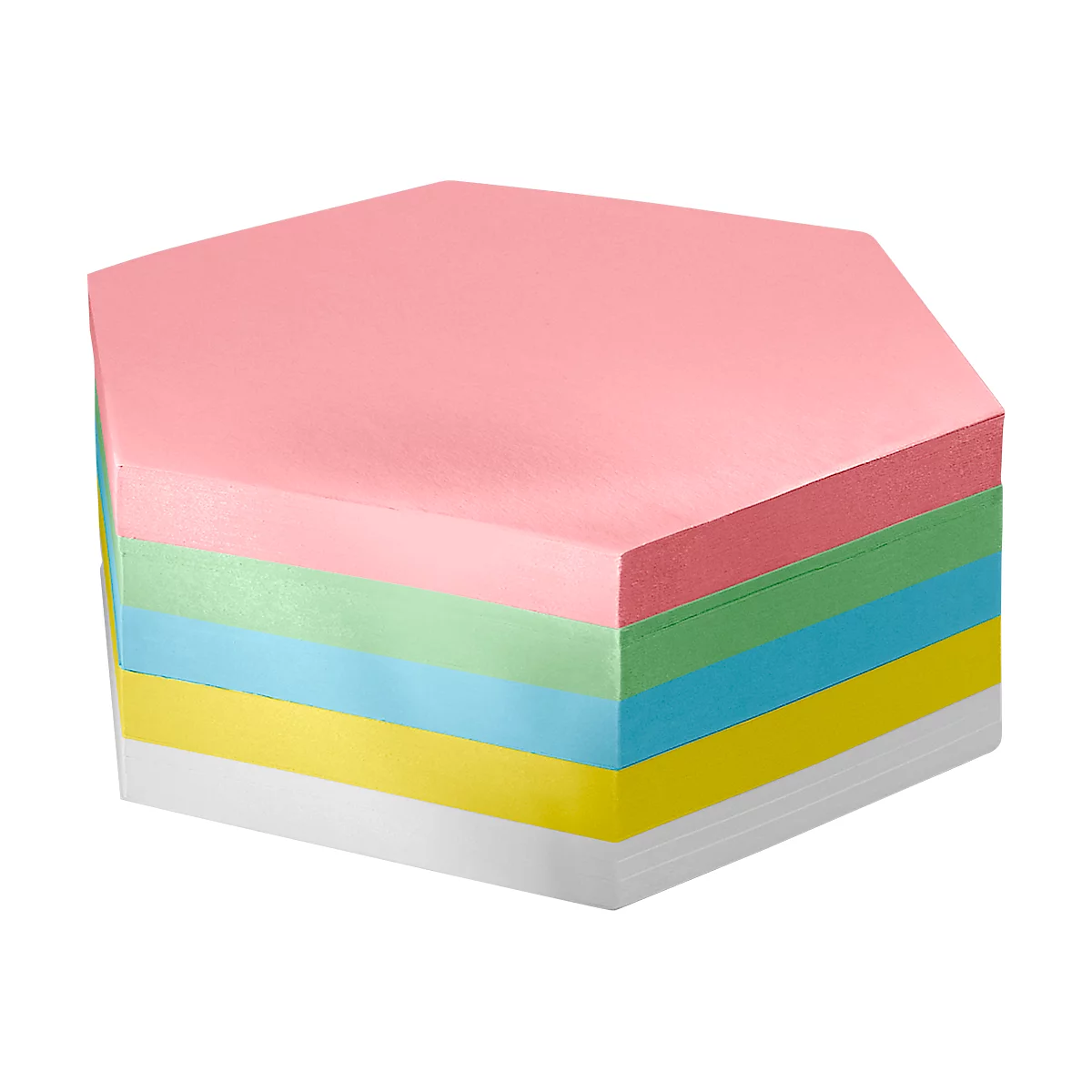 Six-sided notepad, pink, green, blue, yellow, with white pages.