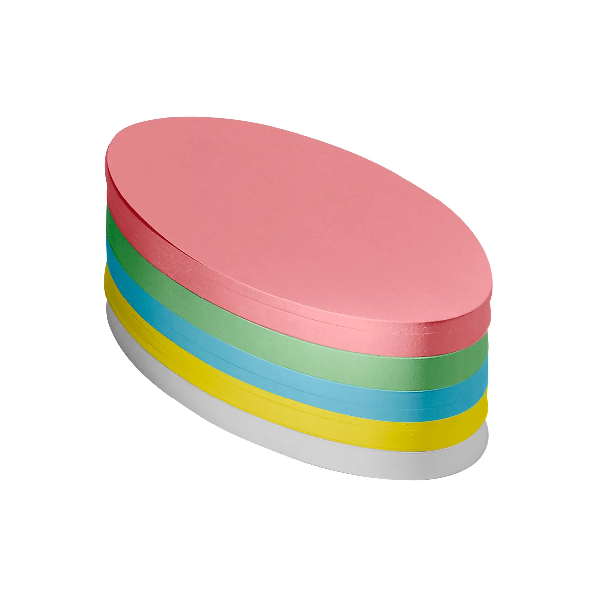 A stack of oval notepads in different colors: pink, green, blue, yellow, white.