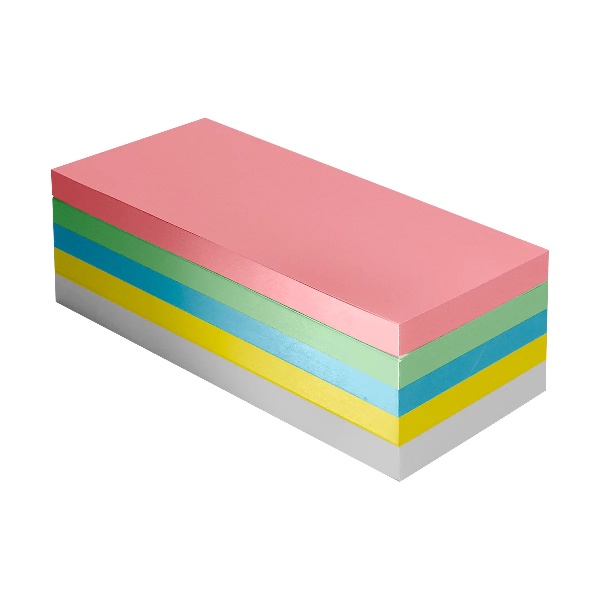 Multi-colored sticky note pad in pink, green, blue, and yellow.