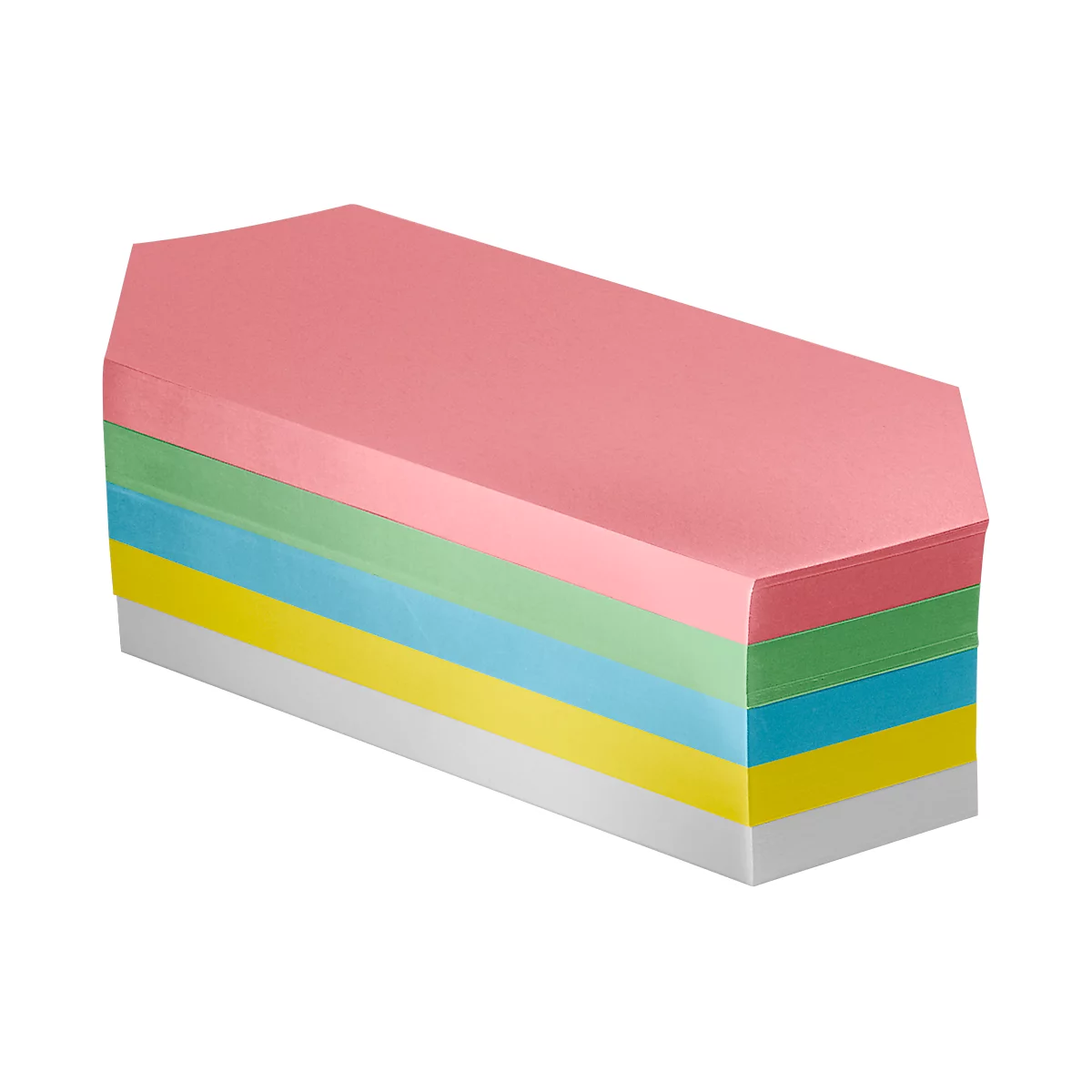 Stack of colorful paper sheets, in pink, green, blue, and yellow. A white base at the bottom.