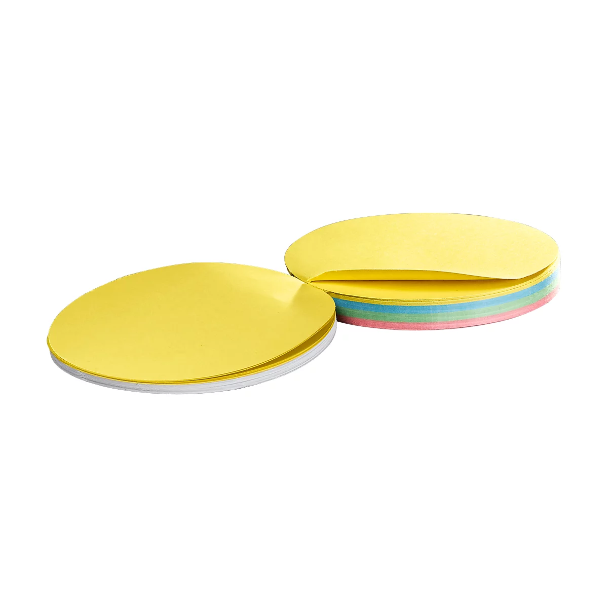 Yellow, round sticky notes in two stacks, one open, one closed. Below are colorful notes.