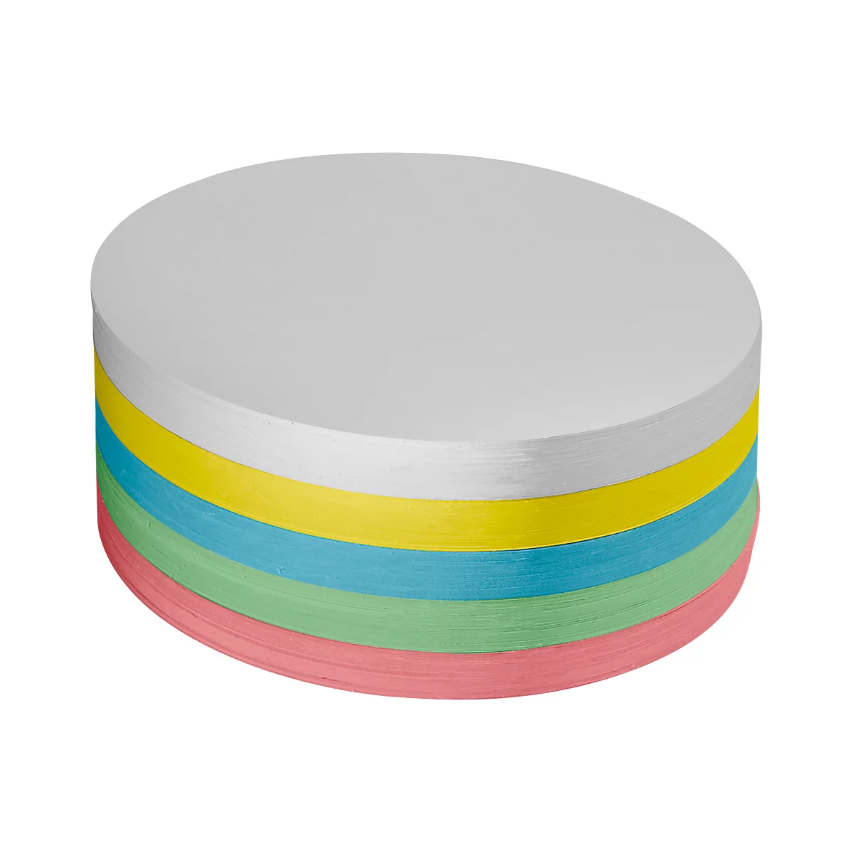 A stack of round paper sheets, alternating in white, yellow, blue, green, and pink.