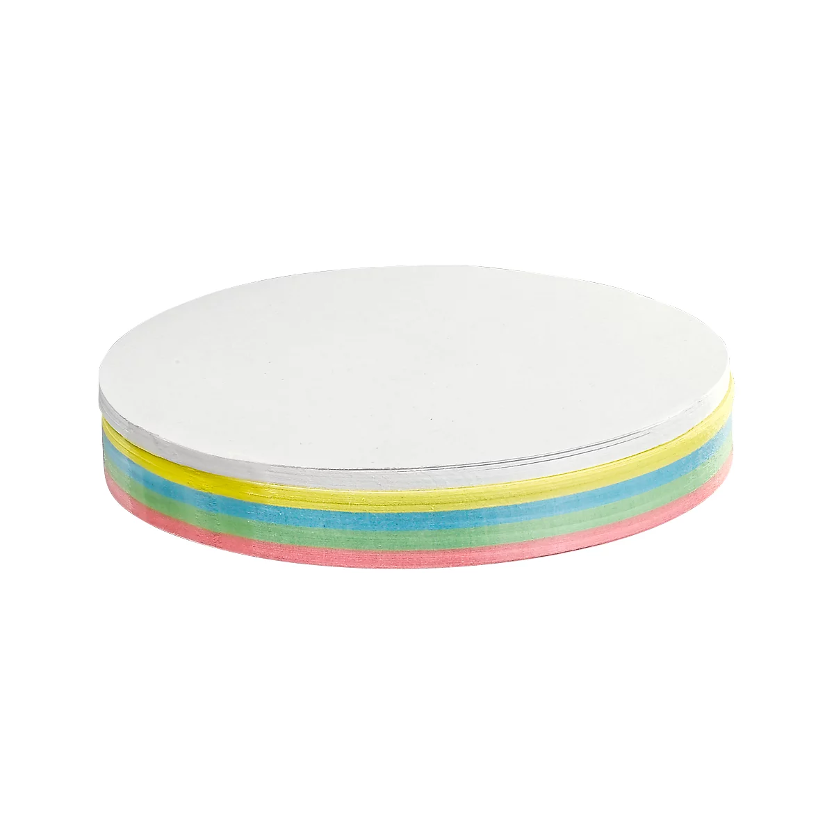 Stack of round paper sheets in various colors: white, yellow, blue, green, pink.