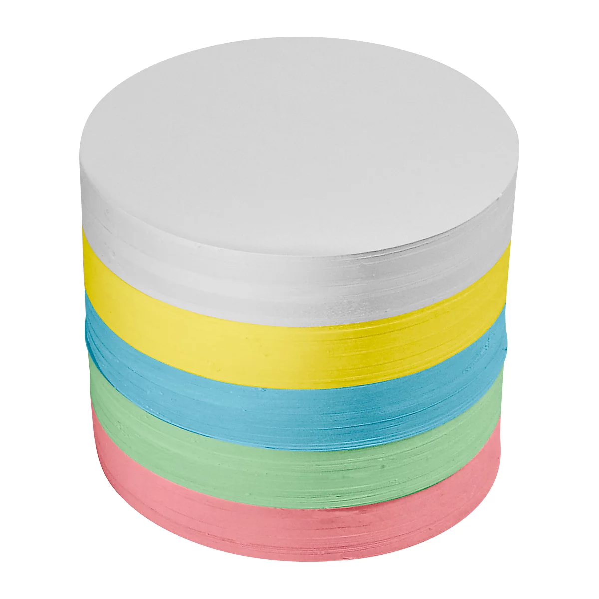Stack of round, colored paper sheets. White, yellow, blue, green and pink.