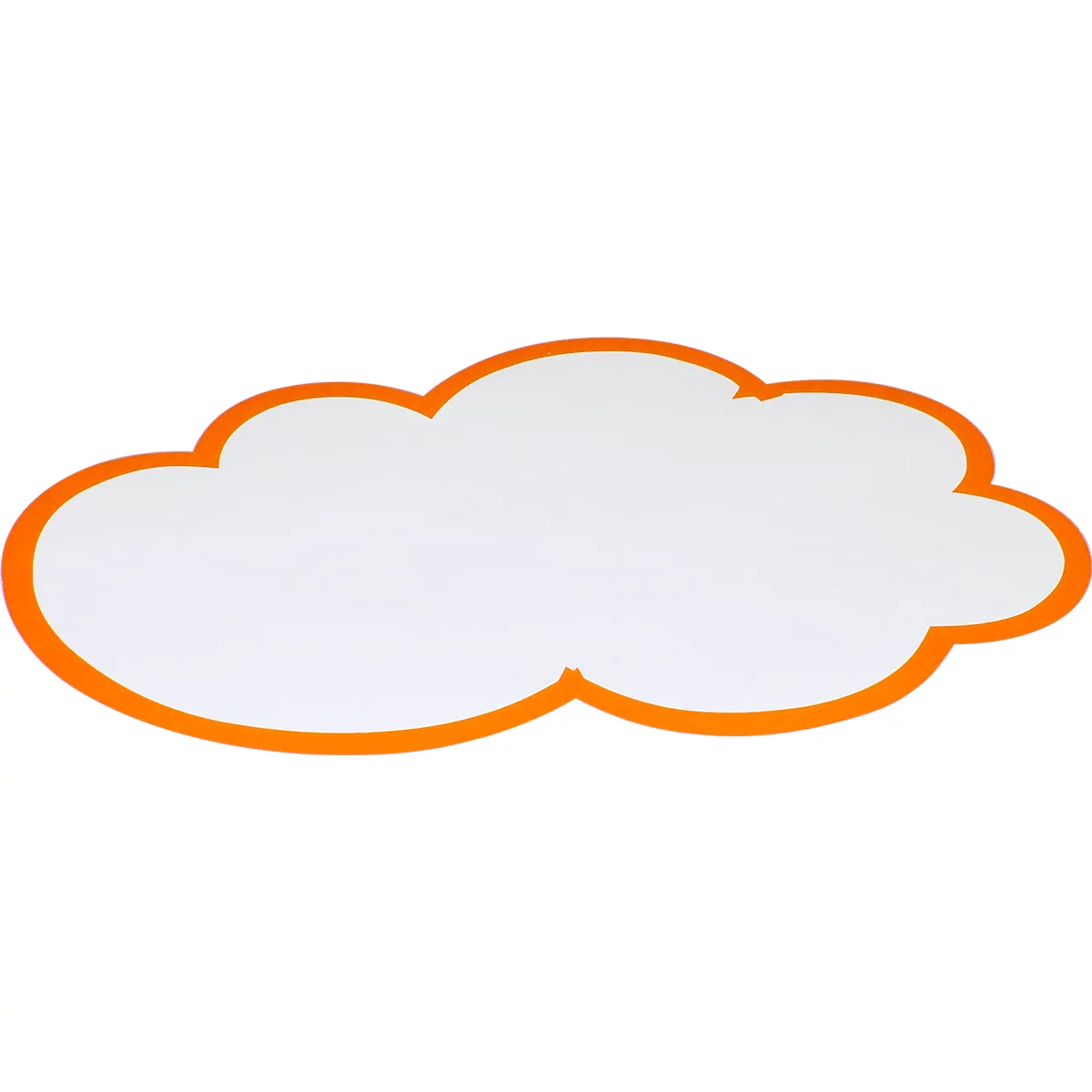 Cloud-shaped speech bubble with an orange border.