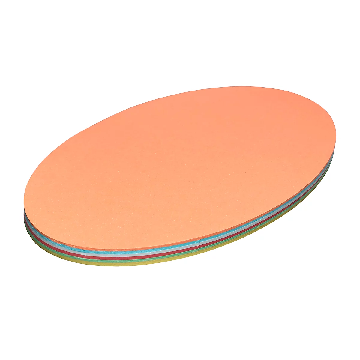 Oval-shaped, orange sanding pad. The different layers are separated by colored lines.