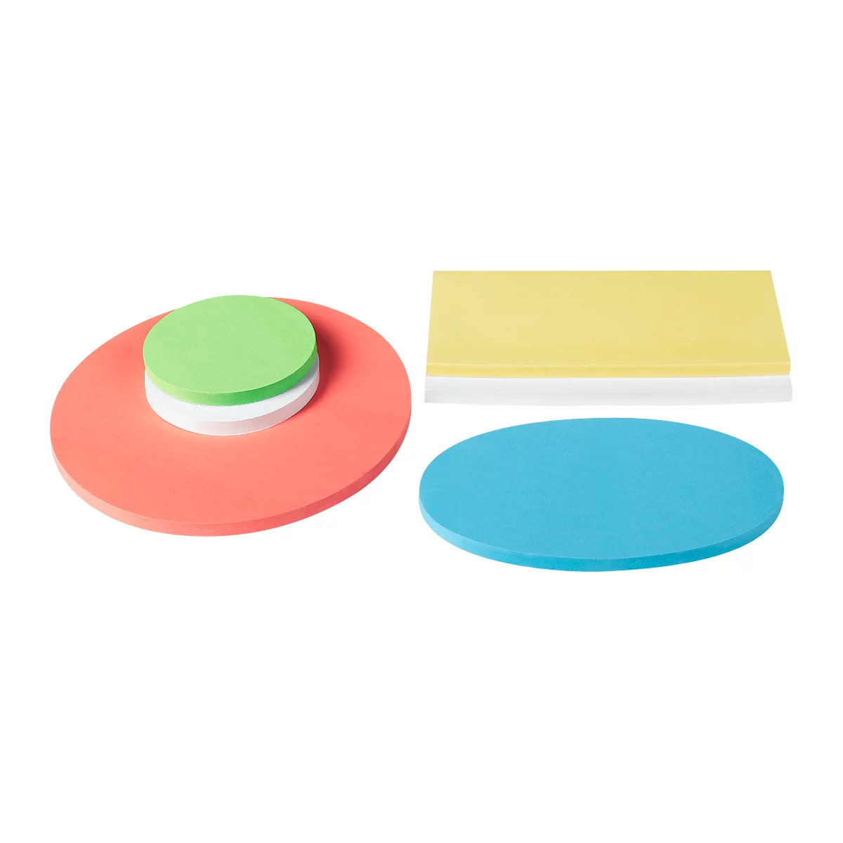 Various colored round and square foam pads in red, green, yellow and blue.