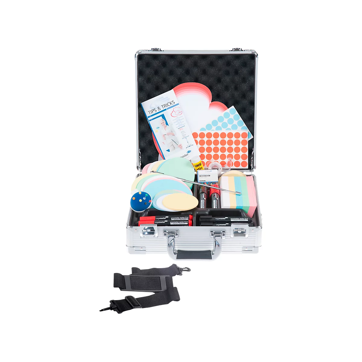 Silver case filled with colorful papers, pens, and brochures. Two black shoulder straps in front.