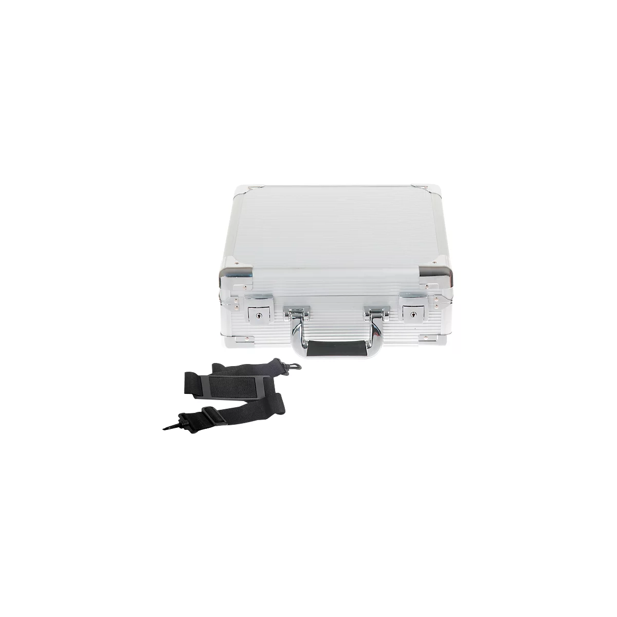 Silver aluminum case with handle and black shoulder strap.