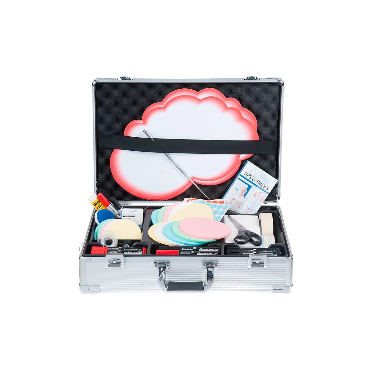 Open silver suitcase with creative accessories: cloud board, colored papers, pens, scissors, tape, instruction booklet.