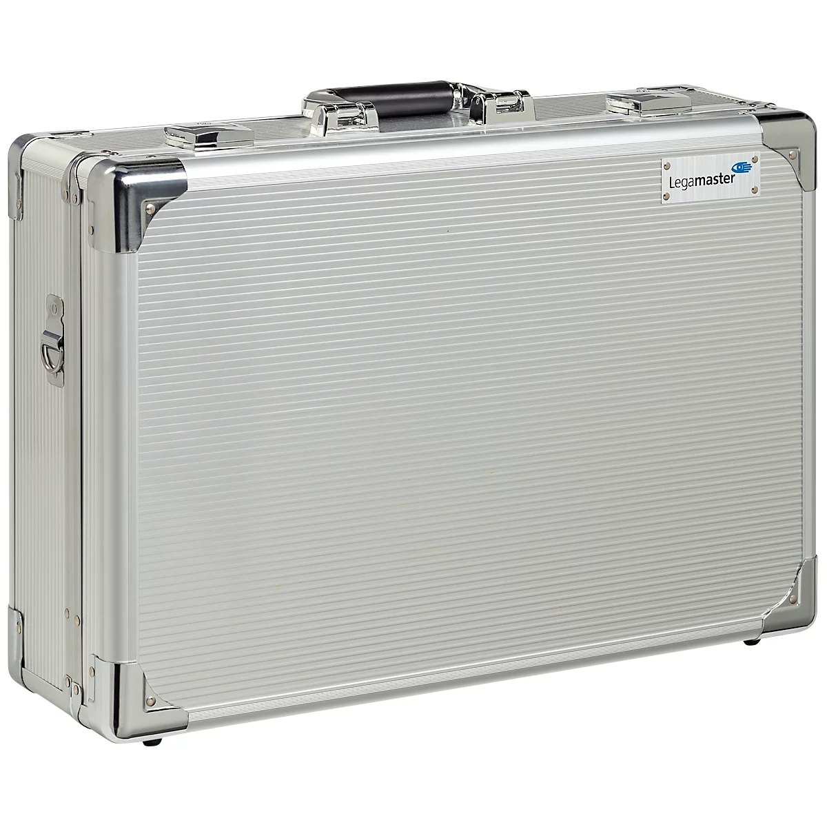 Silver aluminum case with black handle and logo.