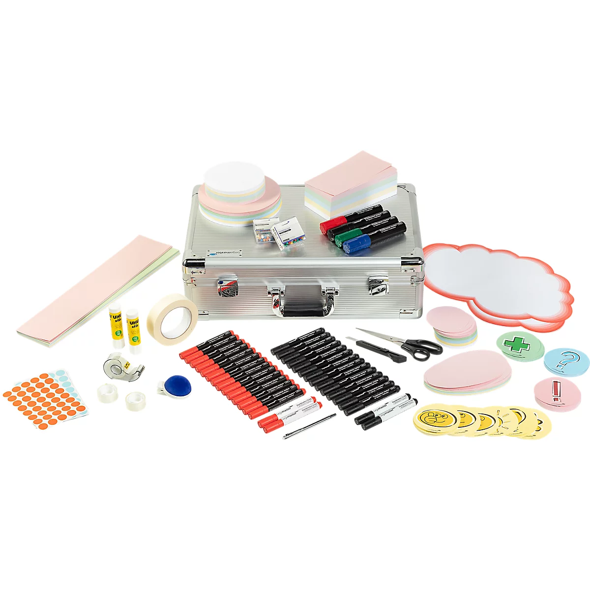 Silver suitcase with pens, sticky notes, tape, stickers, scissors and a board.