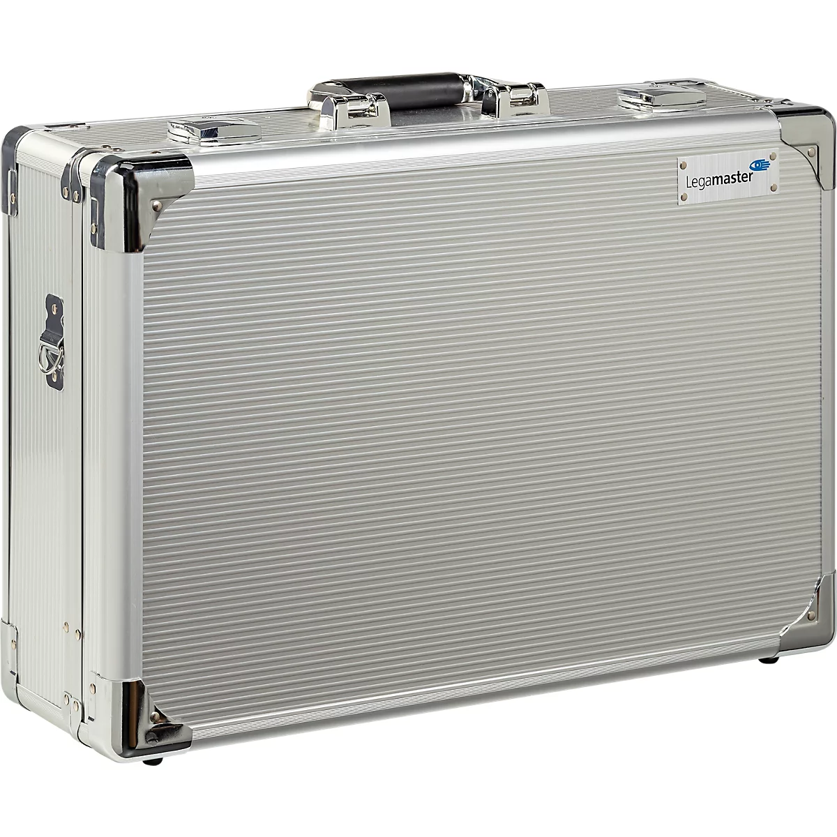 Silver aluminum case with horizontal grooves. Legamaster logo on the upper right. Black handle, metal closures.