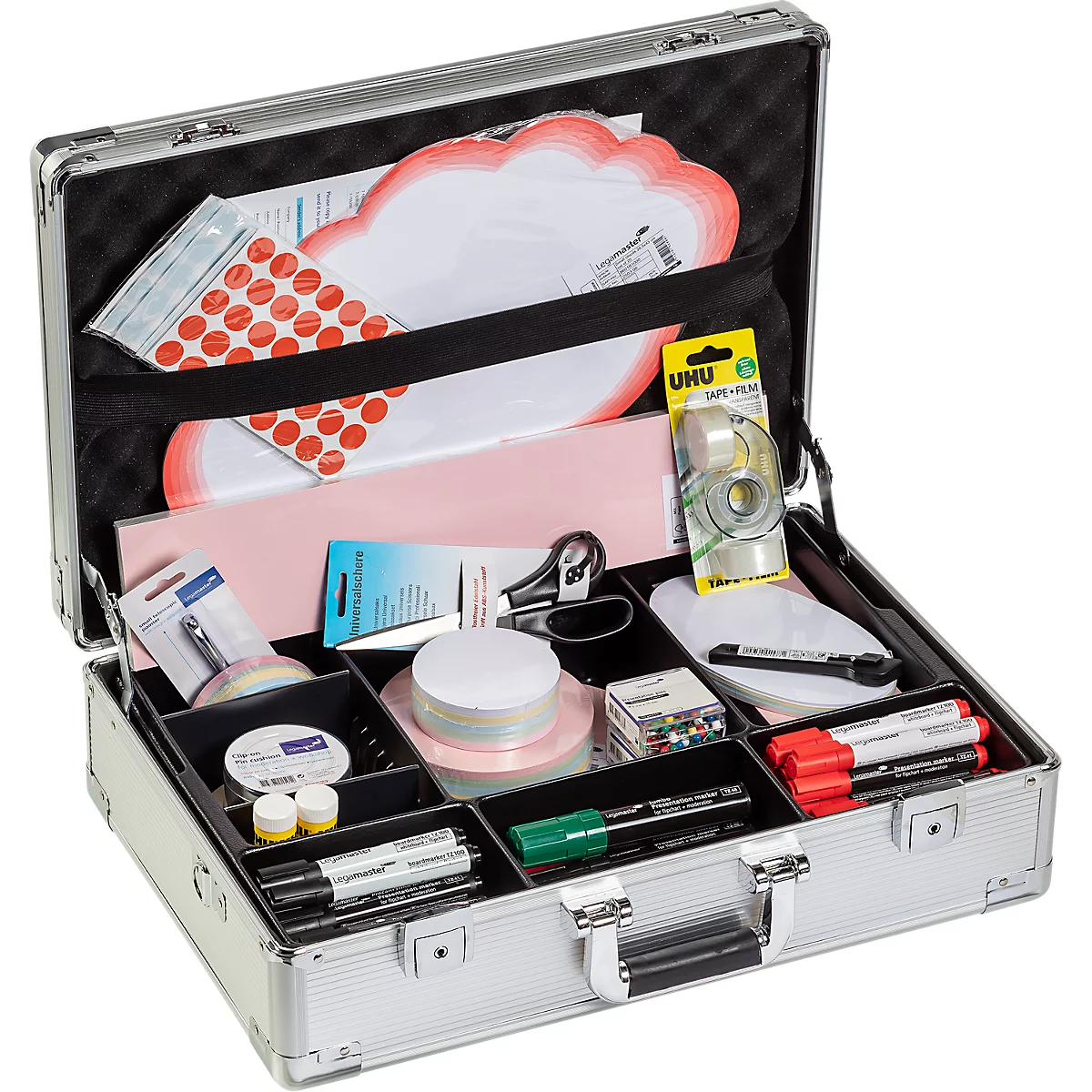 Open silver suitcase with writing utensils. Includes markers, scissors, tape, adhesive dots, and paper.