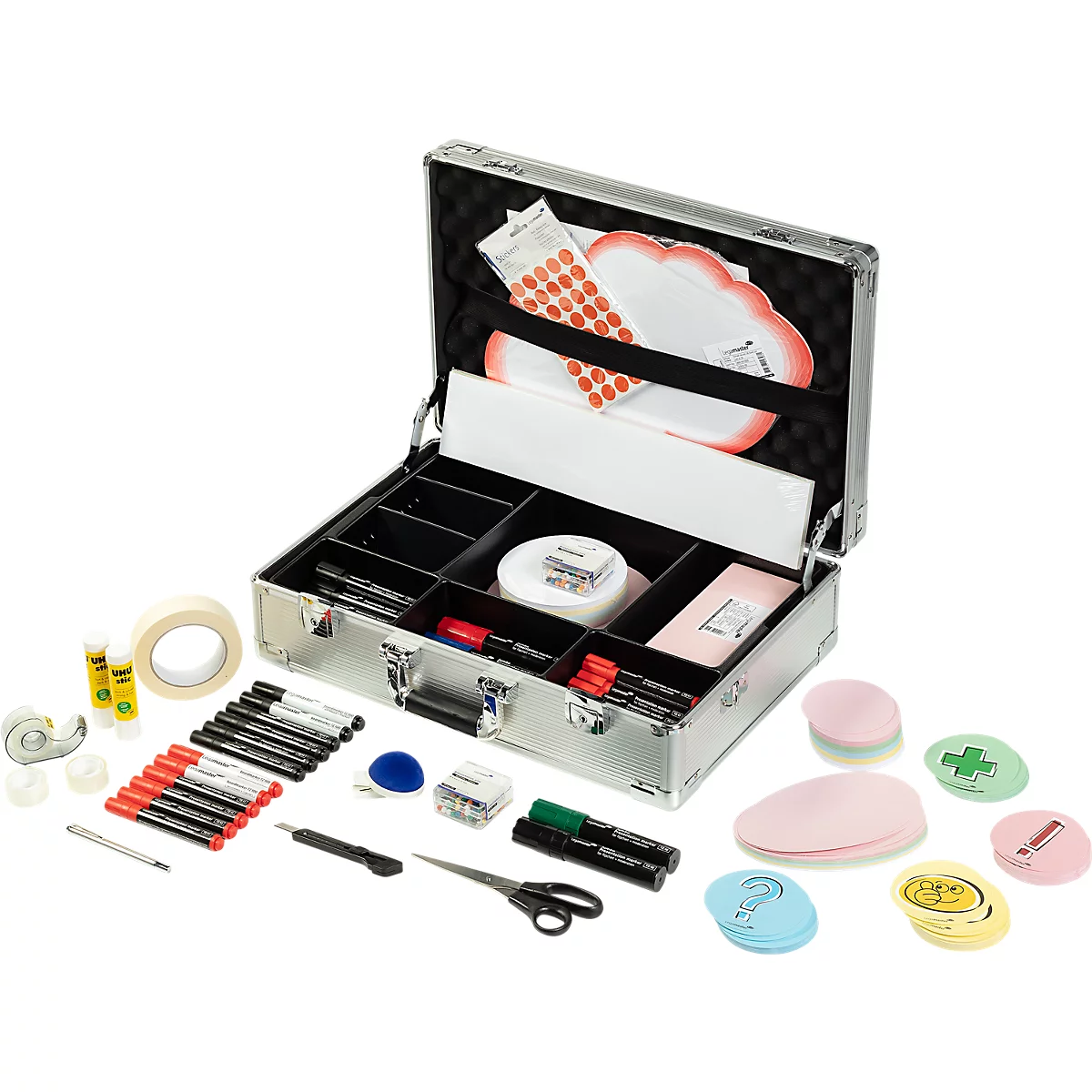 Open silver case with drawing supplies and tools: pens, scissors, glue, stickers.