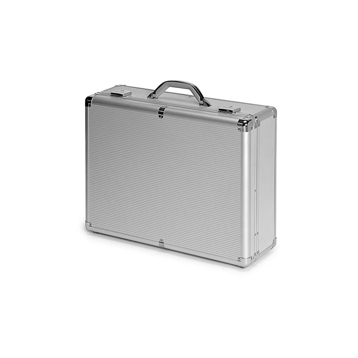 Silver briefcase with a ridged surface and handle.