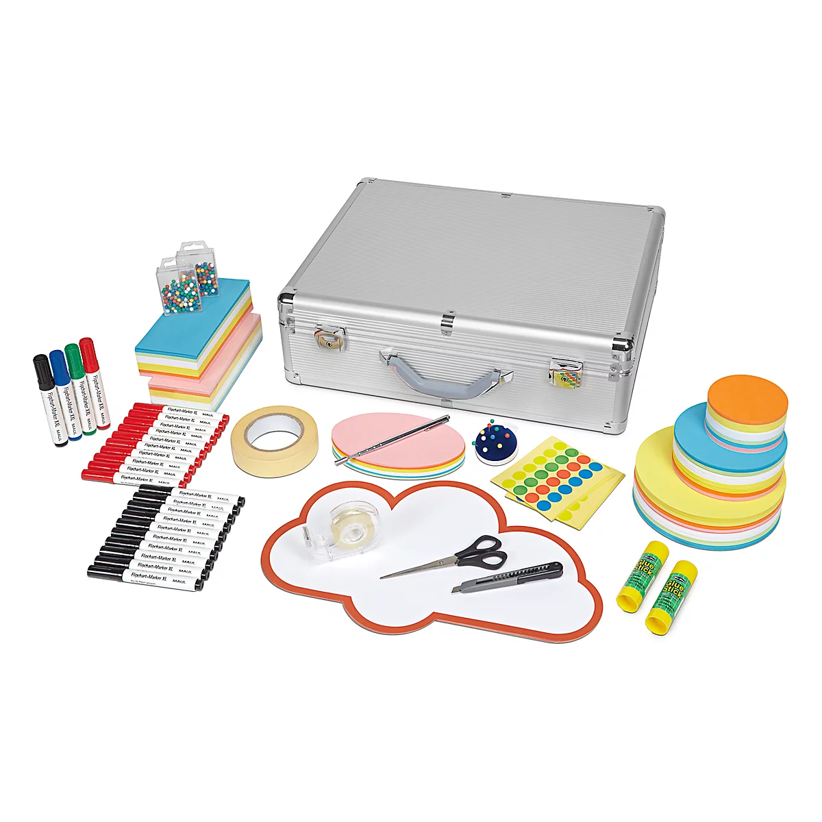 Case with craft supplies: pens, paper, glue, scissors, tape, stickers.