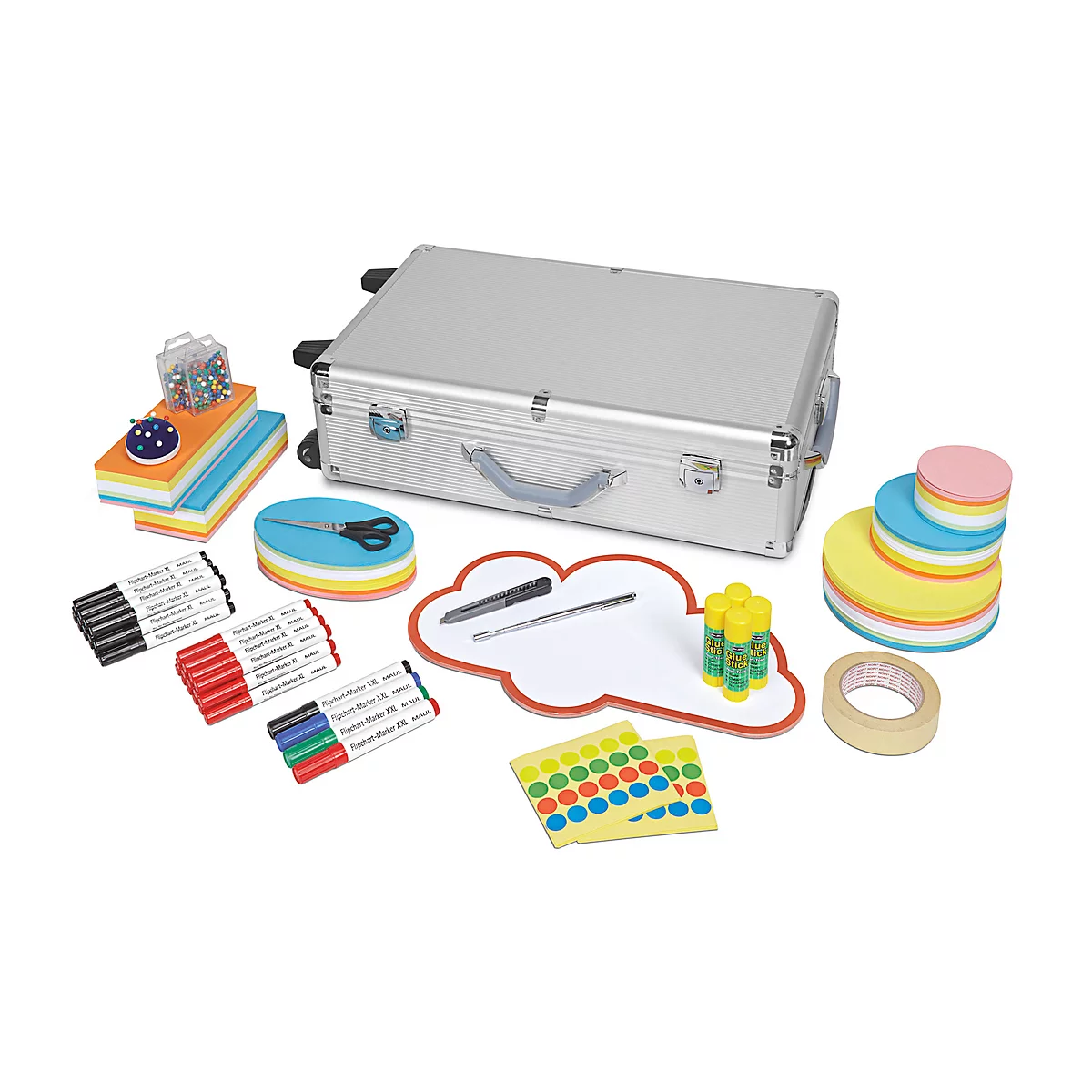 Toolbox with pens, glue, paper, scissors and memo board. On a light background.