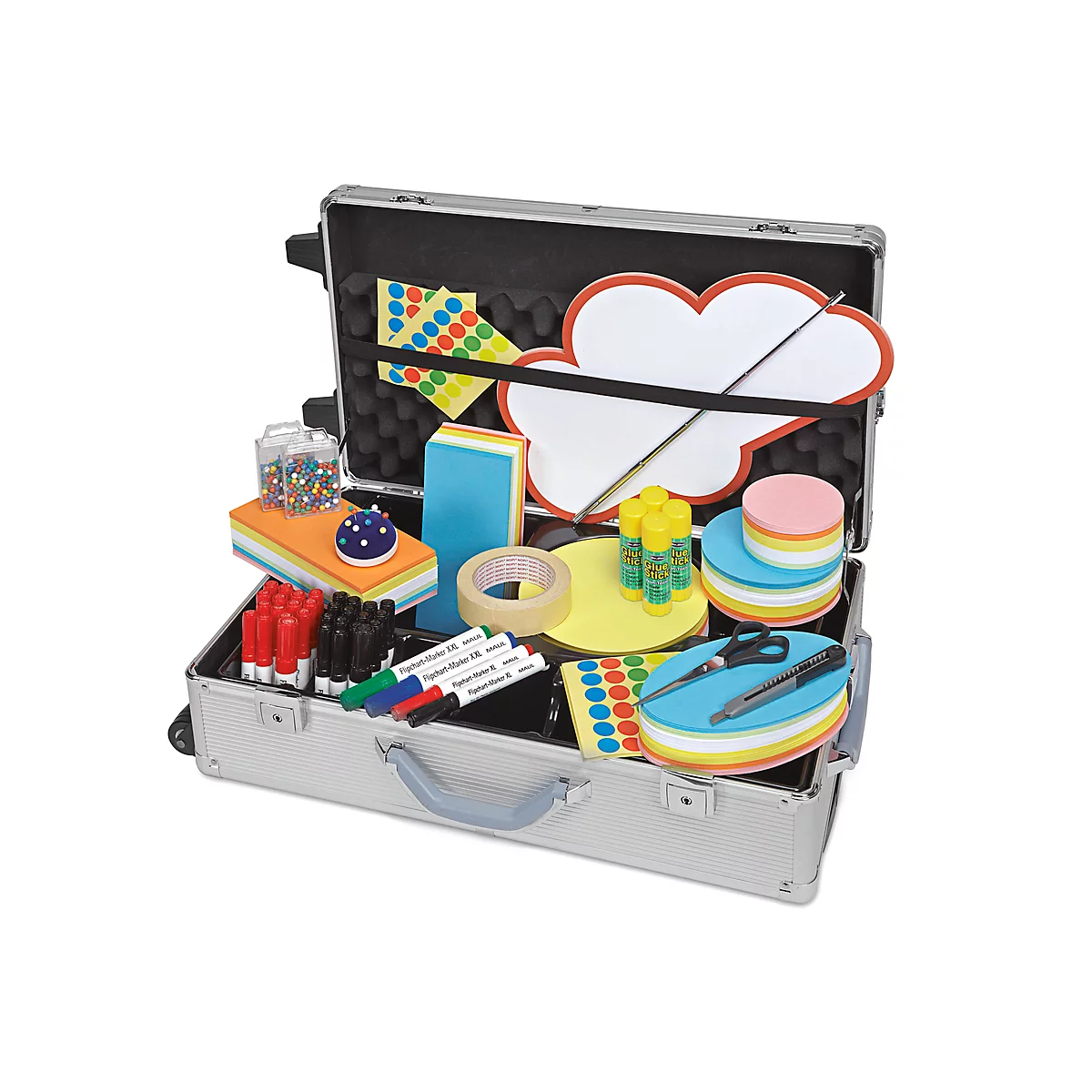 Opened silver case filled with school supplies, including felt-tip pens, glue sticks, notepaper and scissors.