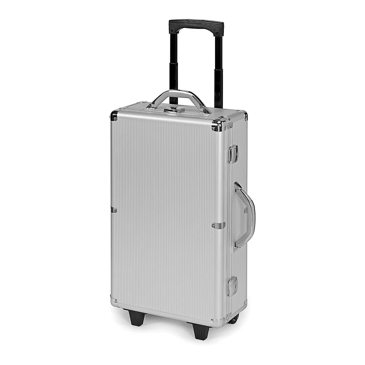 A silver rolling suitcase with a black handle and wheels.