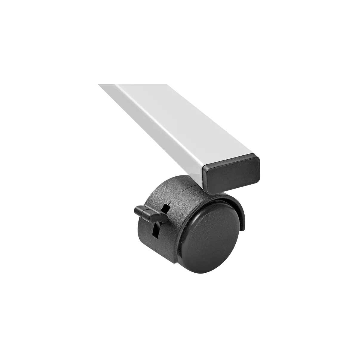 Close-up of a white table leg with a black caster.