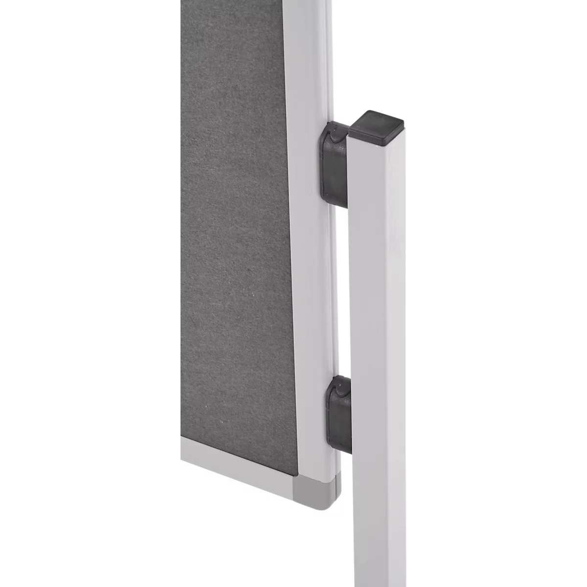 Grey fabric panel held by a white metal frame. Black clamps connect it to a white metal post.
