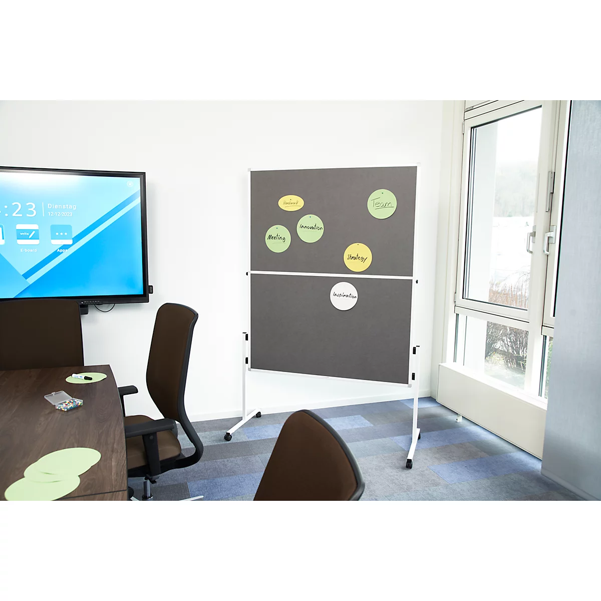 A flip chart in a meeting room with notes. In the background a window.
