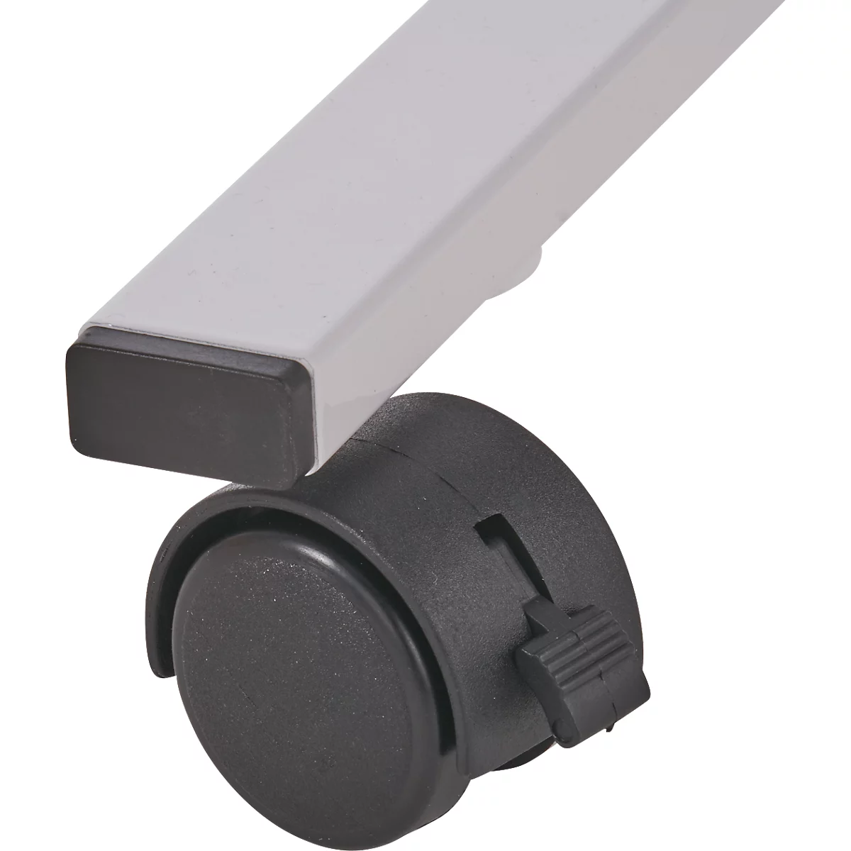 Close-up of a furniture caster attachment. A black wheel with a locking mechanism is attached to a white, rectangular leg.