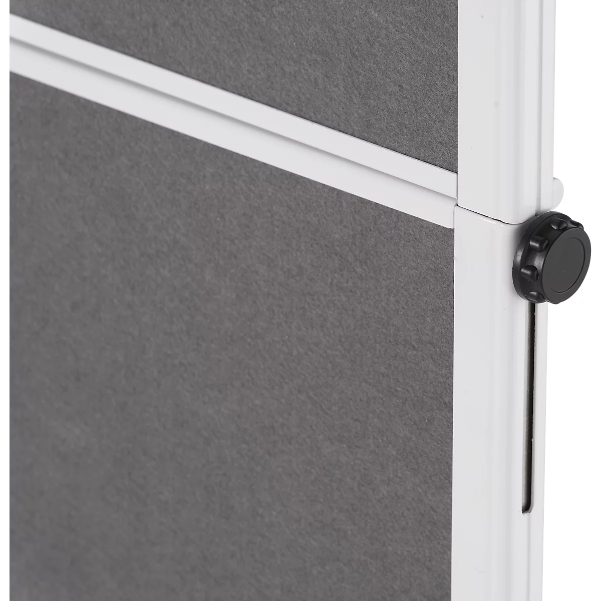 Gray fabric panels with a white frame and a black knob.
