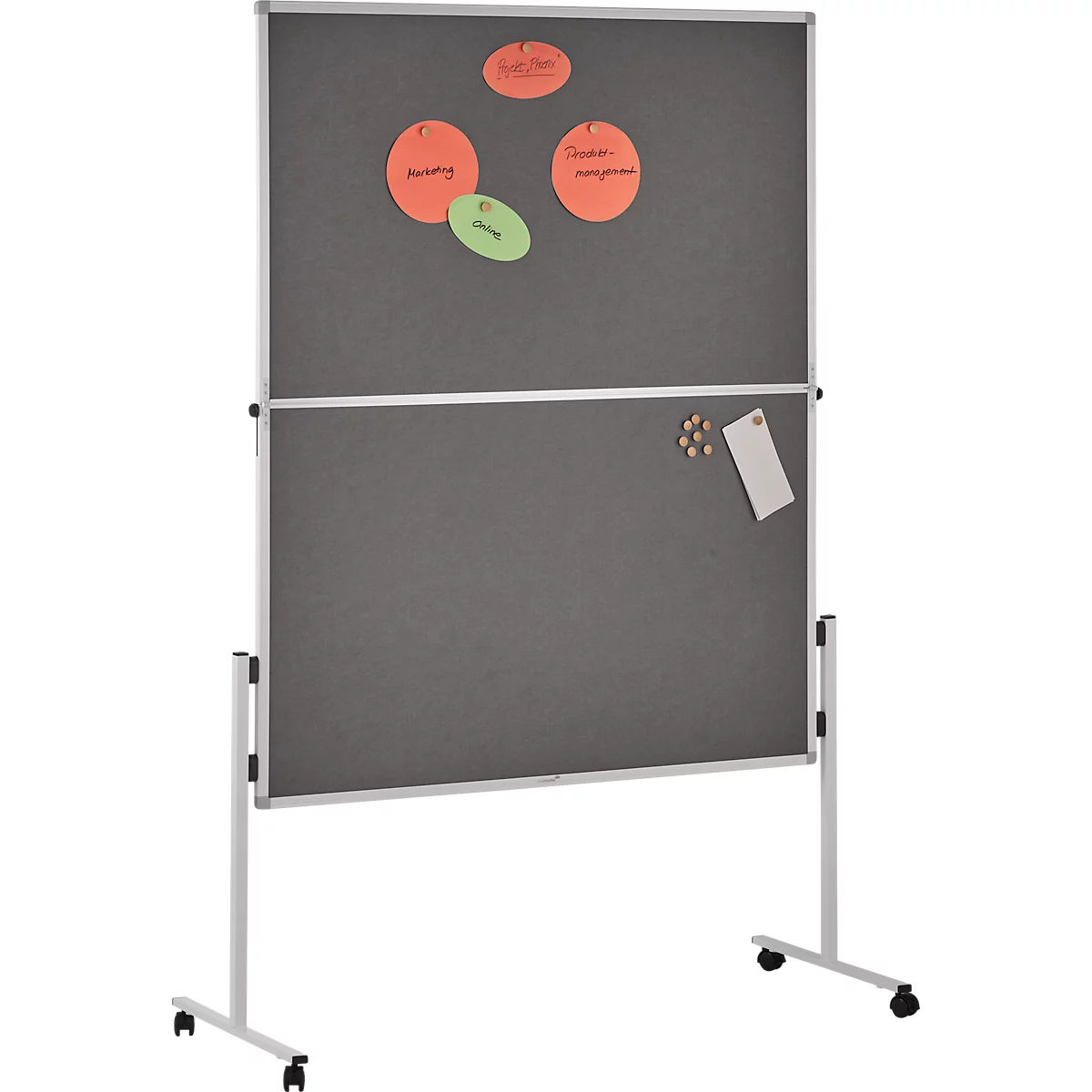 Grey, mobile whiteboard with sticky notes and pinboard elements.