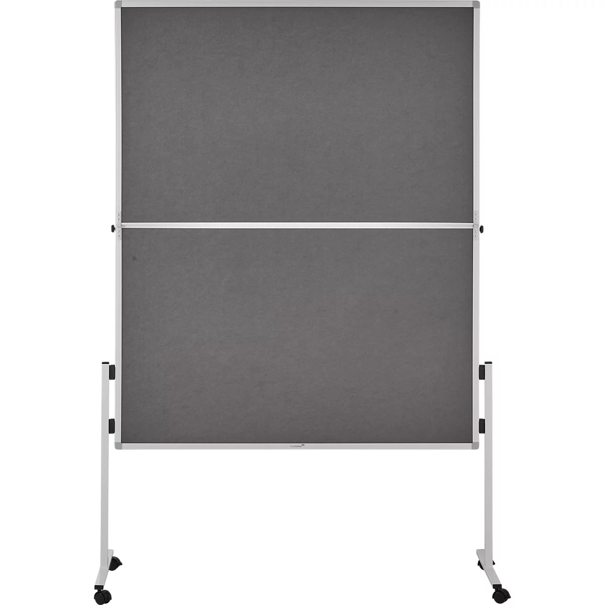 Grey, mobile pinboard. A white frame surrounds the pinboard, which stands on a white frame with castors.