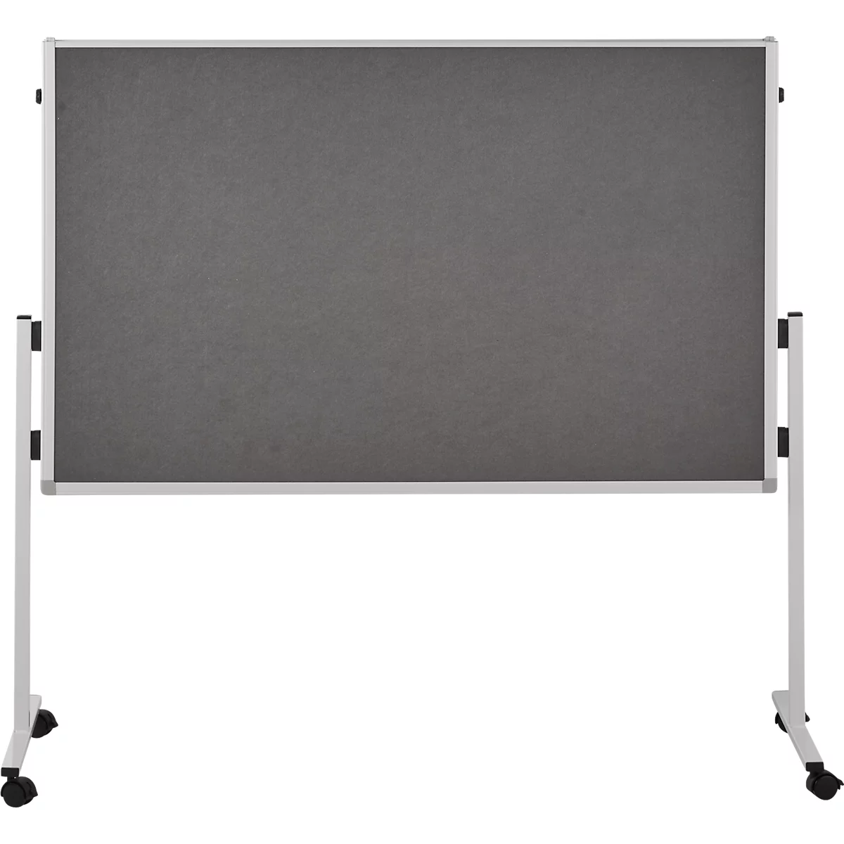 Grey mobile notice board with white frame and wheels.
