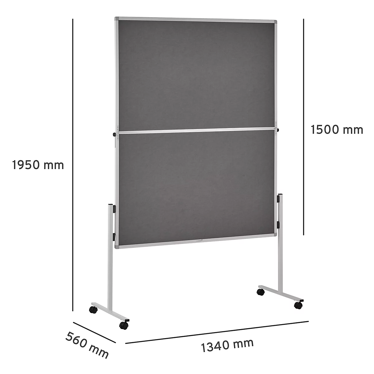 Gray, mobile partition with dimensions, 1950 mm high and 1340 mm wide.