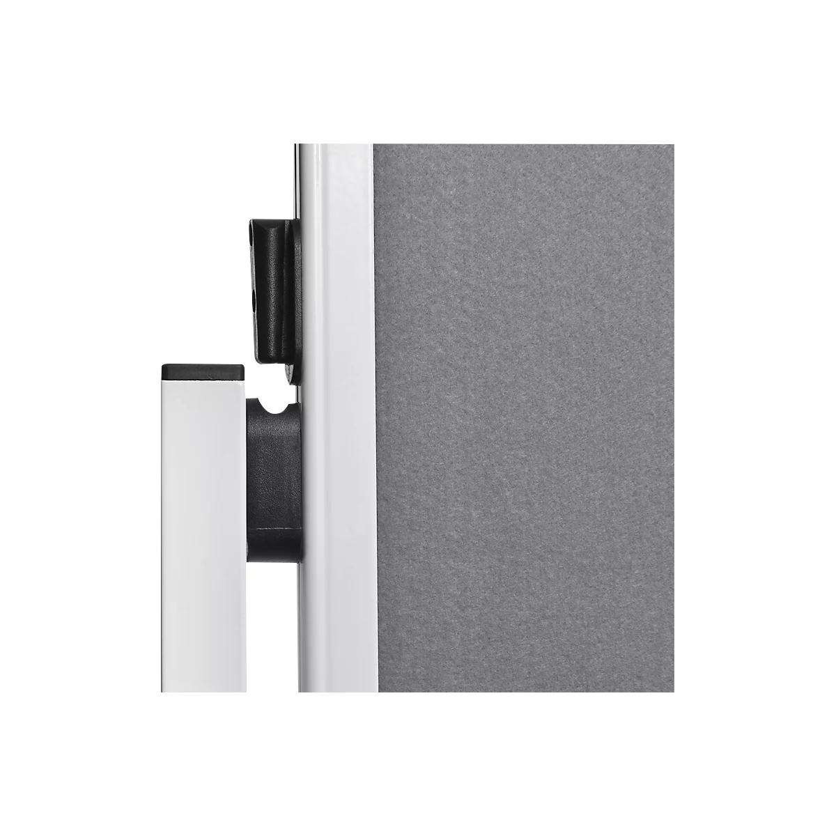 Close-up: Corner connection with black plastic between white metal and grey fabric.