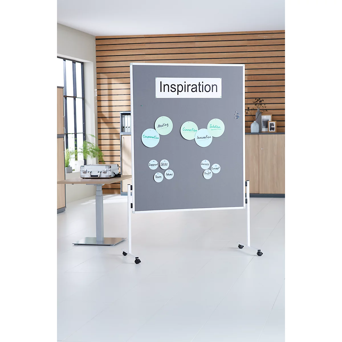 Gray pinboard with the word "Inspiration" and notes, standing on white casters.