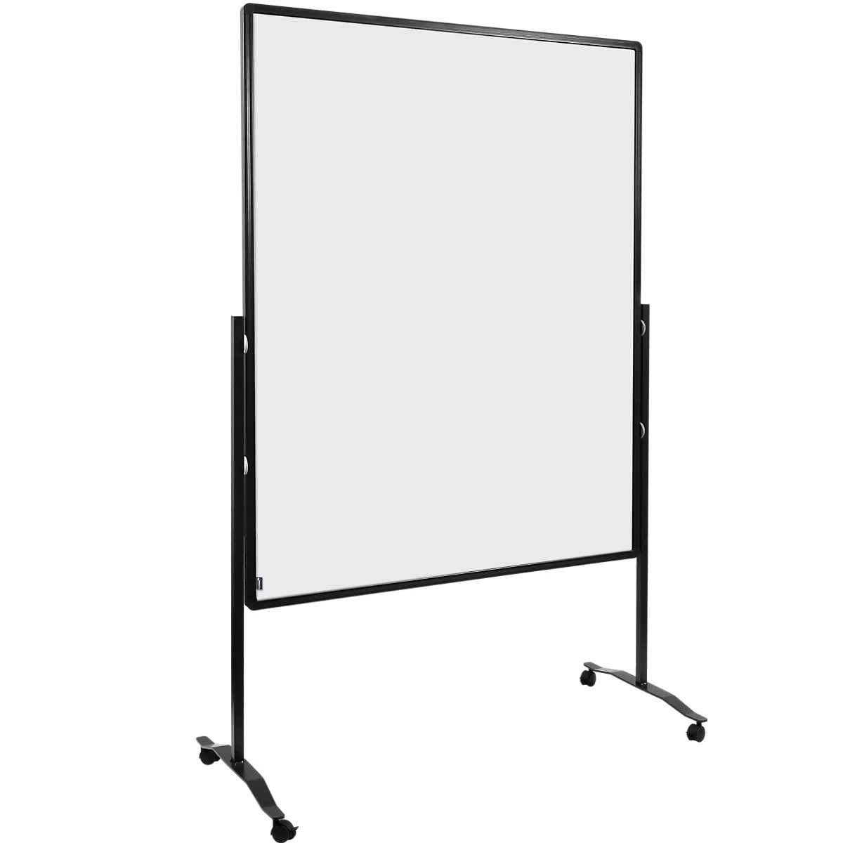 A mobile, white board with a black frame and legs. It stands on castors.