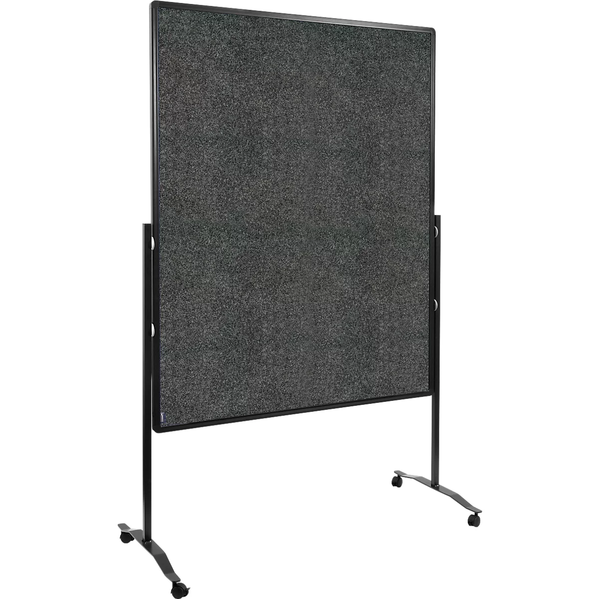 A black pinboard on wheels standing at an angle.